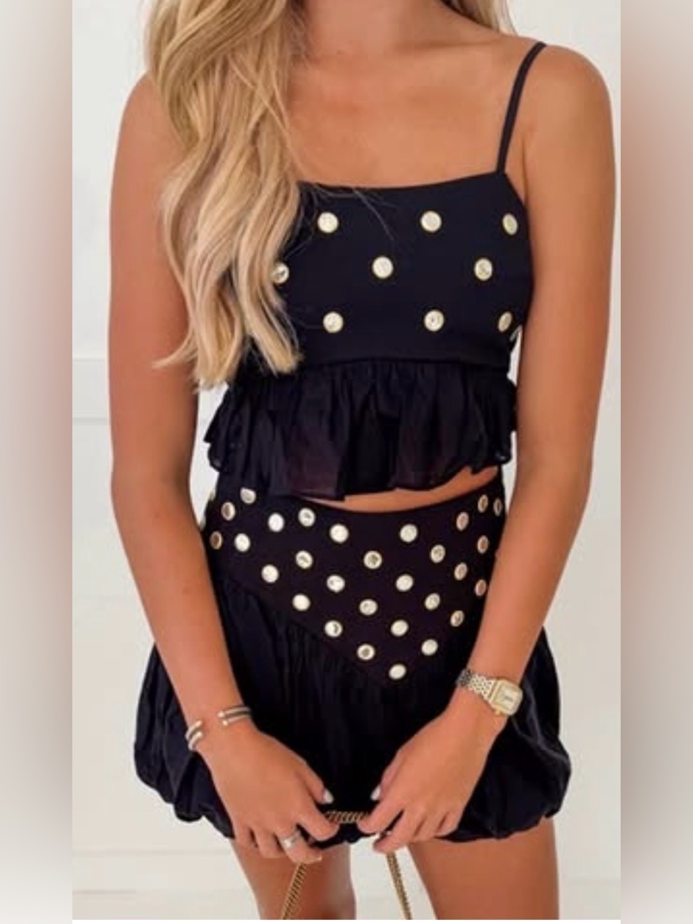 Black Mini Skirt with Gold Stud Detail